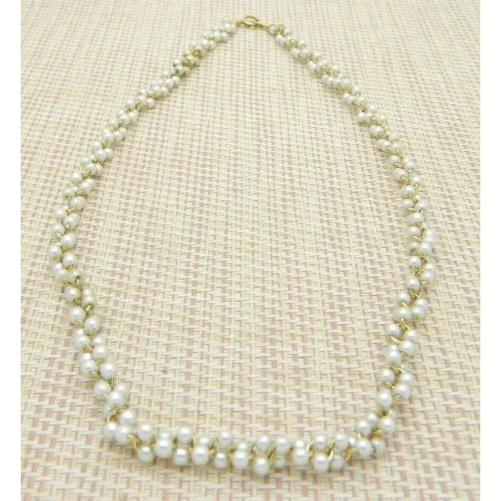 Crown Trifari Faux Pearl White Bead Beaded Gold Tone Twisted Necklace